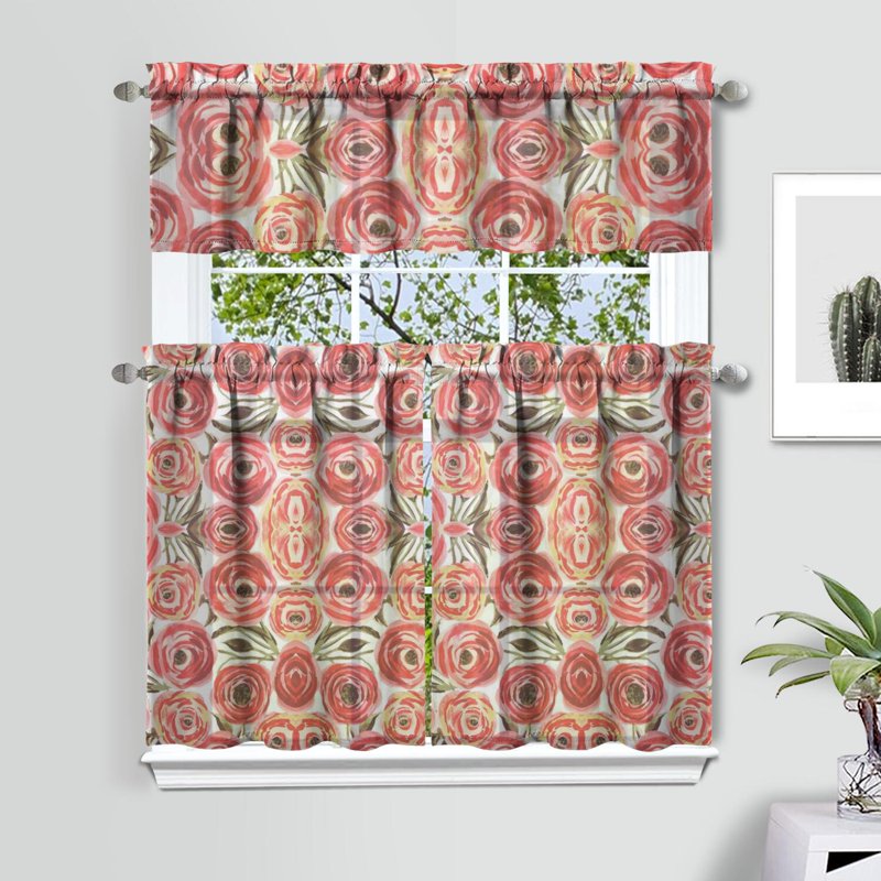 Kitchen Curtains and Valance Set 3 Pieces - Floral Red & White, 27.5 x 36 Inches
