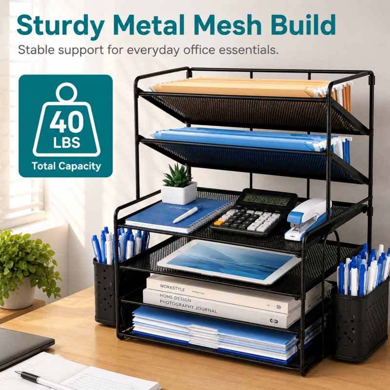 6-Tier Metal Desk Organizer with File Trays & Pen Holders - Office & Home