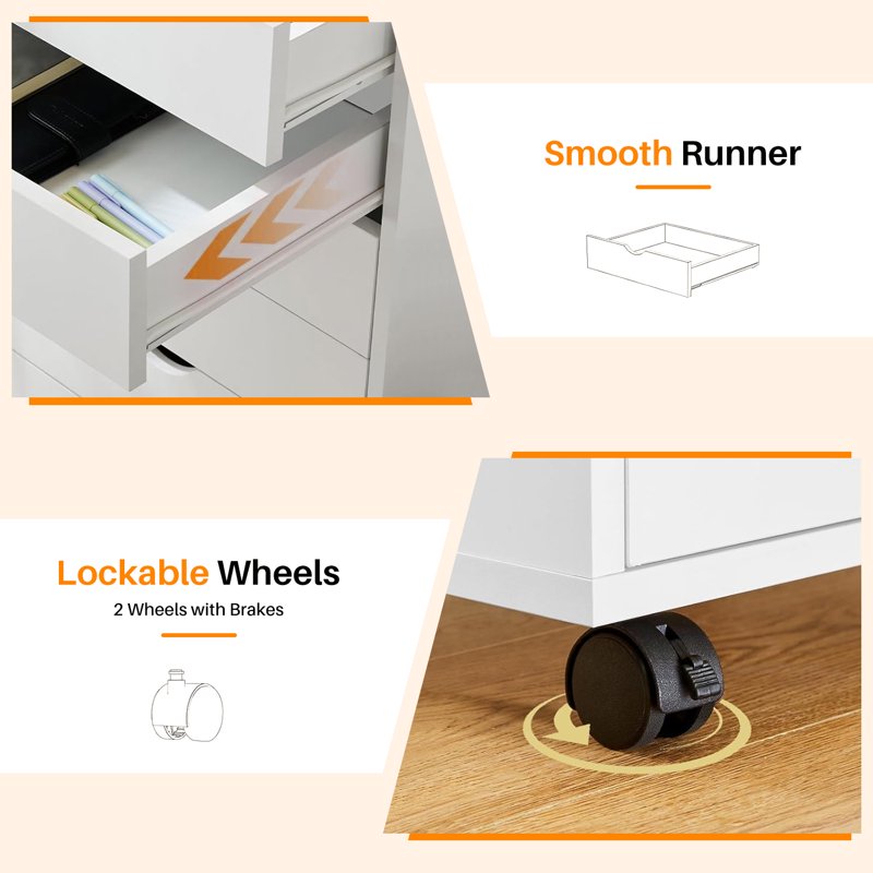 Wooden 5-Drawer Mobile Storage Chest with Wheels for Office & Home Organization