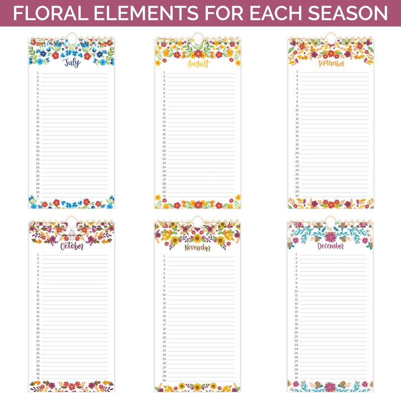 Perpetual Wall Calendar with Seasonal Florals - Reusable 12-Month Planner