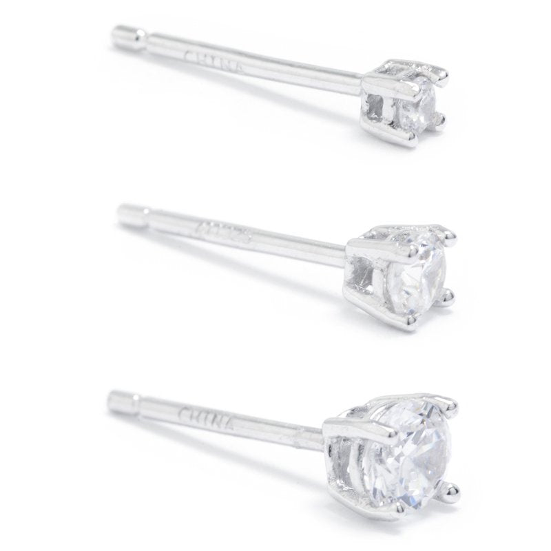 Sterling Silver Cubic Zirconia Stud Earrings Set - 3-Piece for Women & Teens