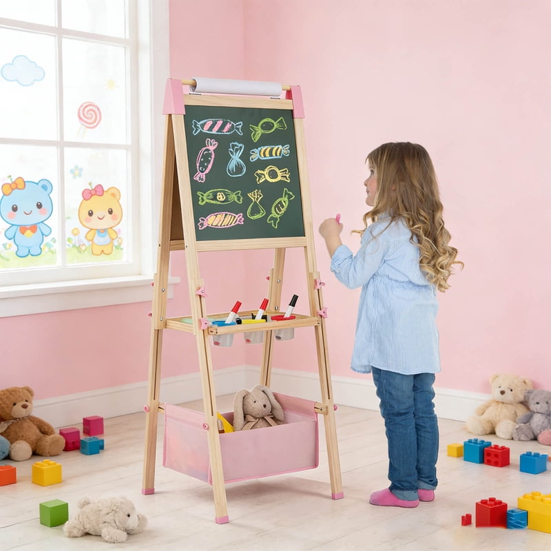 Kids 3-in-1 Wooden Art Easel with Magnetic Whiteboard & Chalkboard Pink
