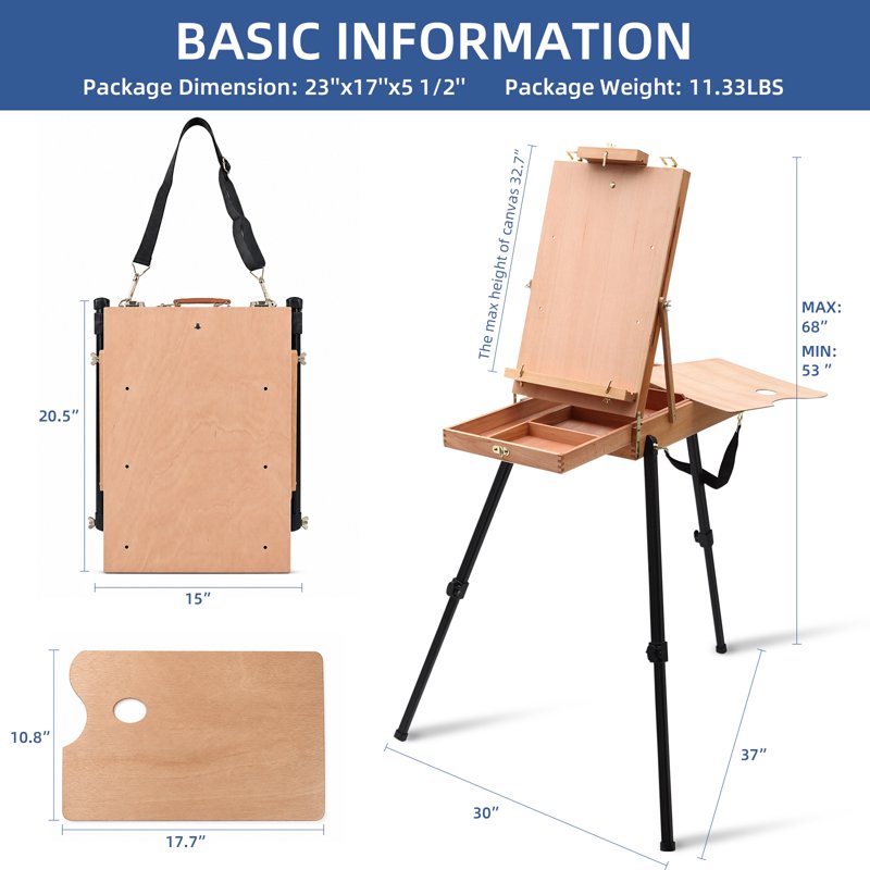 Lightweight French Style Artist Easel with Aluminum Tripod & Storage Drawer
