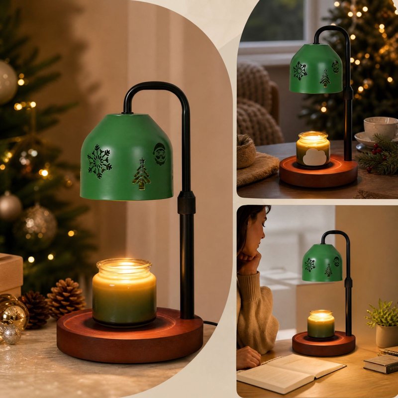 Christmas Candle Warmer Lamp - Dimmable Wax Melter with Festive Pattern and Wood Base