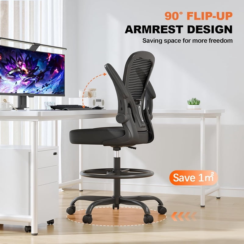 Ergonomic Tall Office Drafting Chair with Flip-Up Armrests & Lumbar Support