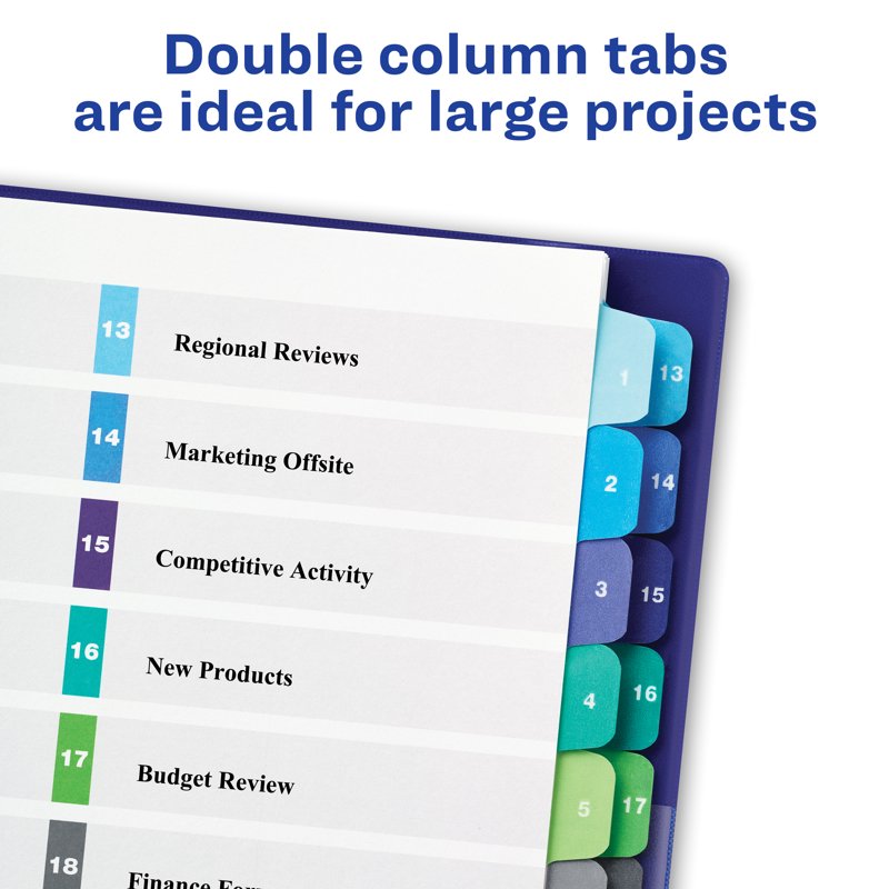 Double Column Tab Dividers for Binders - Customizable Table of Contents - Multi-Color Set