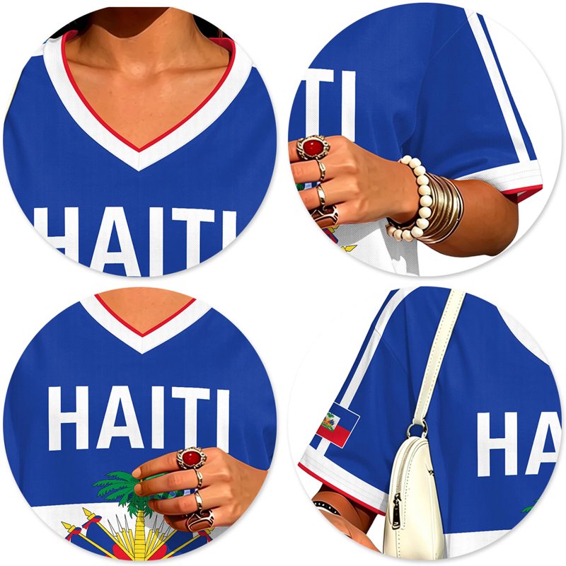 Haiti Soccer Jersey for Women – V-Neck Short Sleeve Shirt, Blue, L (Variation: Blue, L)