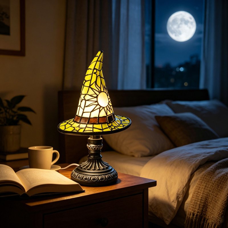Table Lamp 7in Witch Hat LED Night Light USB Power — Stained Glass Gothic Halloween Decor (Variation: S(7in)I)