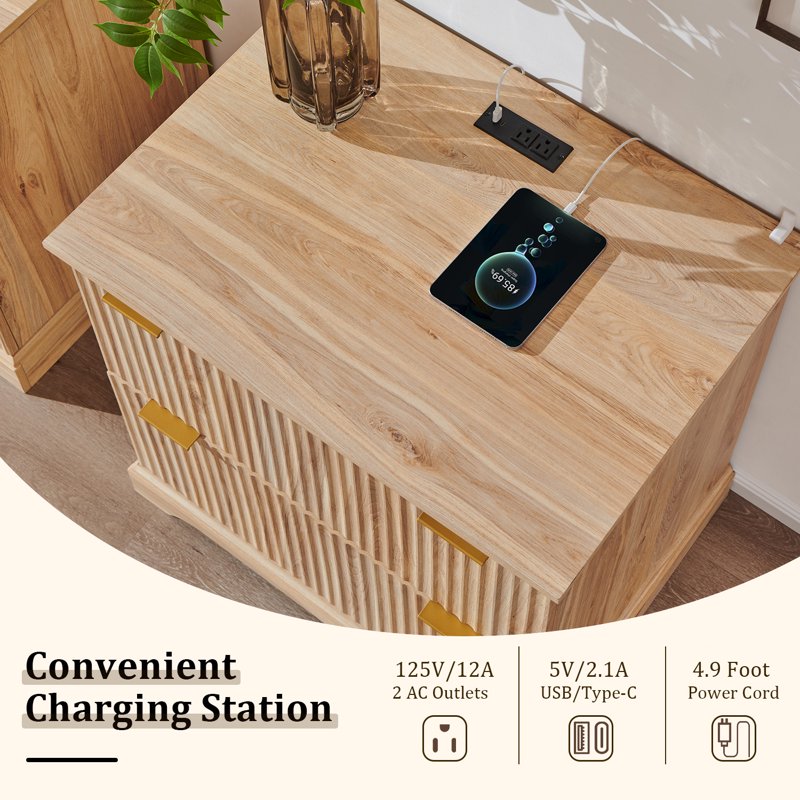 Lateral Filing Cabinet with Charging Station - Modern Fluted Wood Office Storage