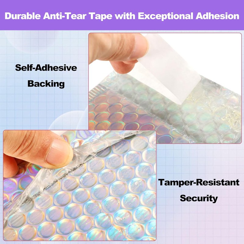 Metallic Bubble Mailers 50 Pcs with Thank You Cards & Stickers - Holographic Self-Sealing Envelopes for Small Business Shipping