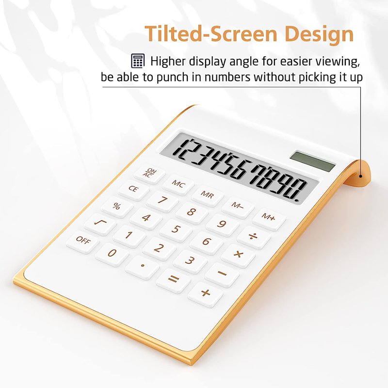 Gold Desktop Calculator with Large LCD Display - Solar Power Office Desk Accessory