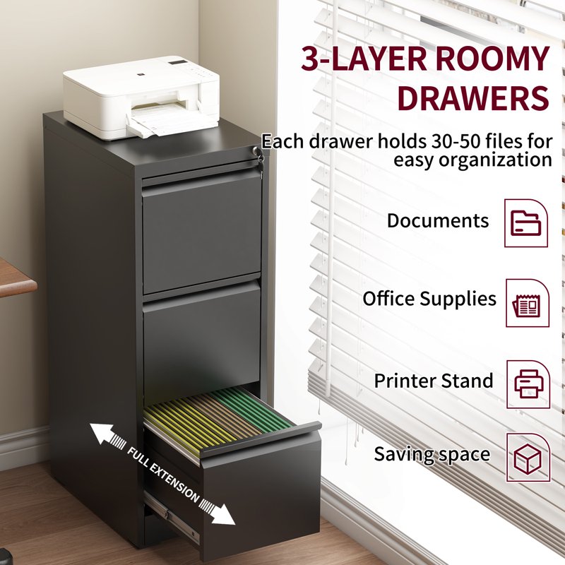 3-Drawer Metal File Cabinet with Lock for Office & Home Storage - Black