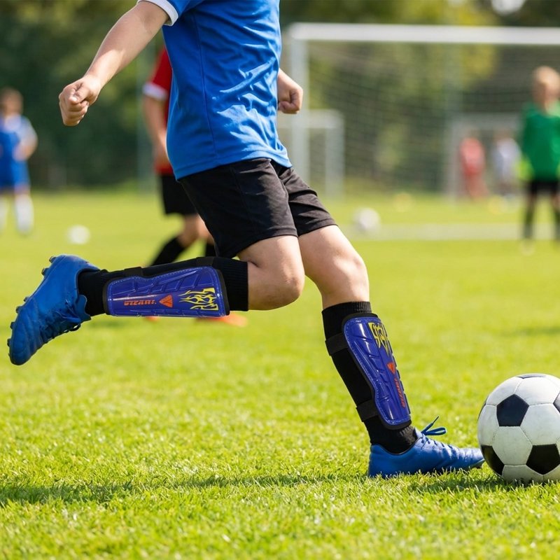 Vizari Blaze L Blue/Orange Soccer Shin Guards with Ankle Protection - Youth