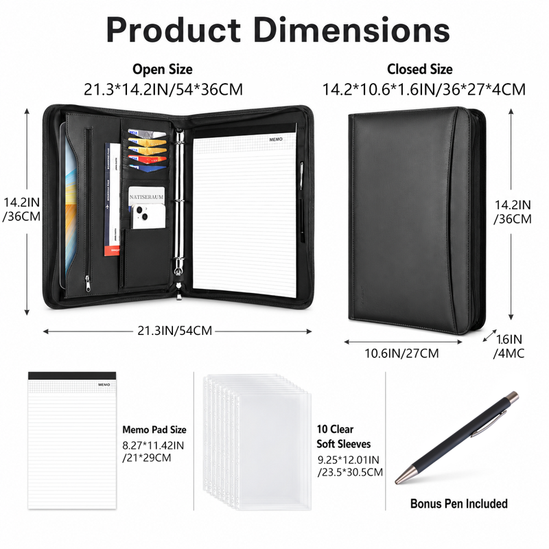 Premium A4 Zipper Portfolio Binder with 3 Rings and Accessories