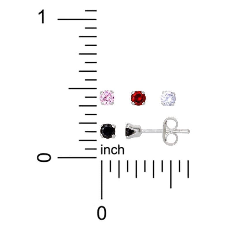 Sterling Silver Cubic Zirconia Stud Earrings Set for Girls - 4 Pairs