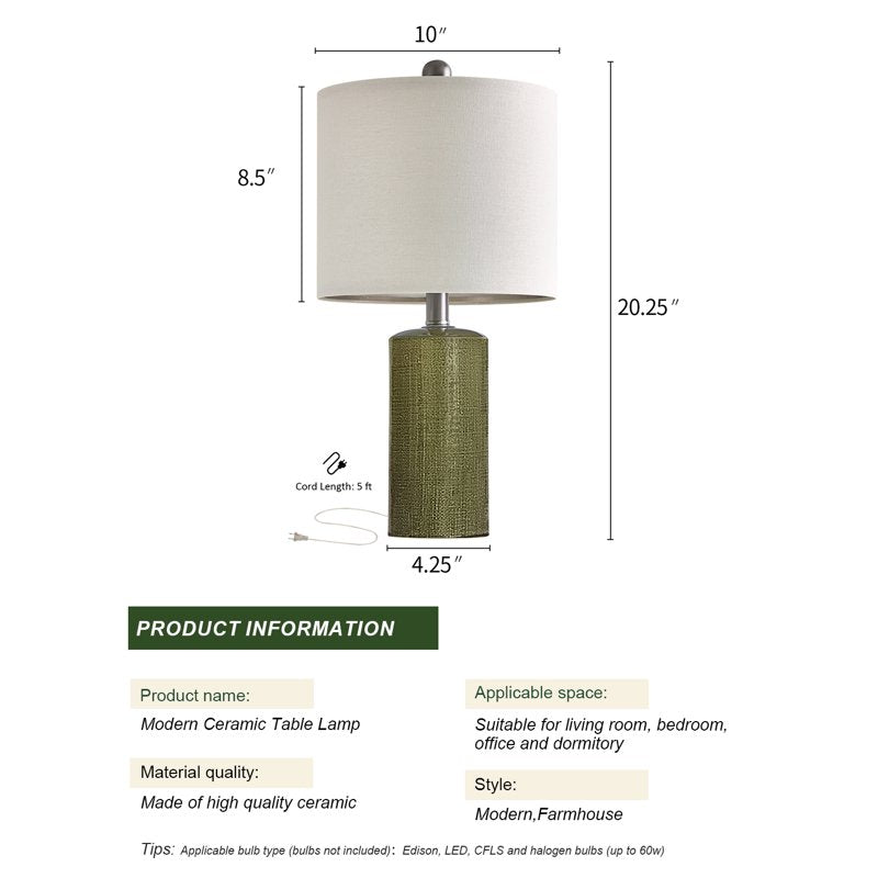 Set of 2 Modern Green Ceramic Table Lamps for Living Room & Bedroom