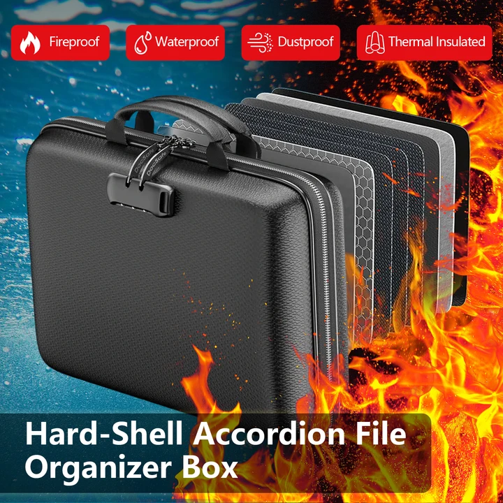 Fireproof Document Box with Lock - Hard Shell Case for Important Files & Valuables