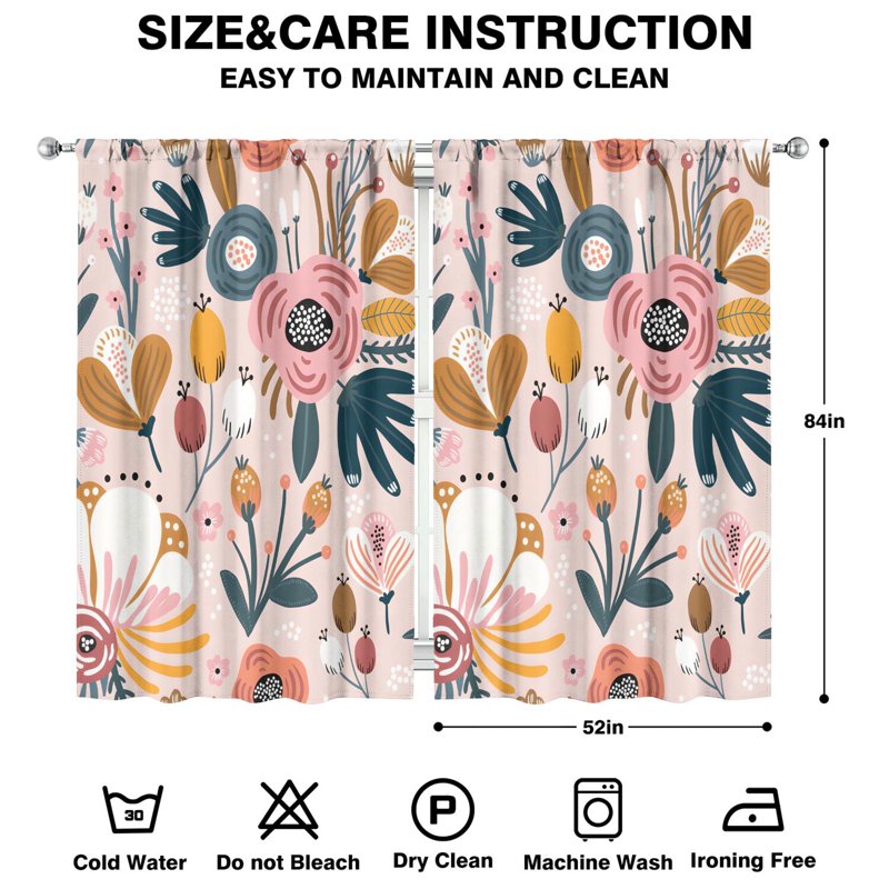 Elegant Floral Blackout Curtains 52x84 Inch Rod Pocket Drapes - Light Filtering