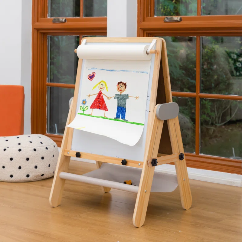 Kids Wooden Art Easel with Magnetic Whiteboard & Storage - Adjustable & Foldable