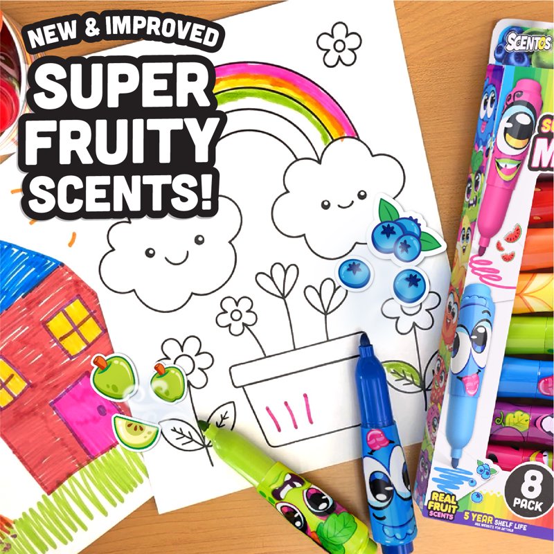 Kids Scented Markers Set - 8 Jumbo Fruit Fragrance Markers for Coloring & Crafts