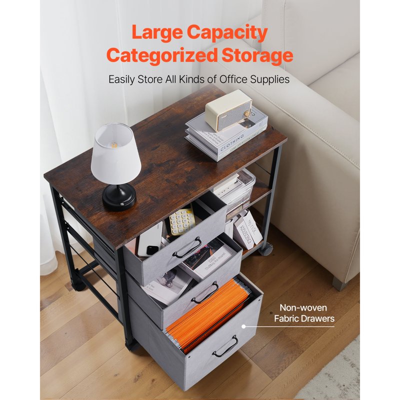 Metal File Cabinet with 3 Fabric Drawers & Open Shelves - Mobile Office Storage