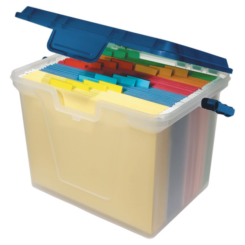 Portable File Box with Handle - Clear and Navy 14x11 Inches for Office & Home Organization