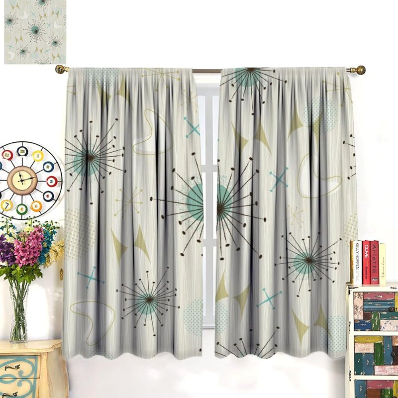 Mid Century Retro Curtains Set - Atomic Pattern Window Treatments for Bedroom & Living Room