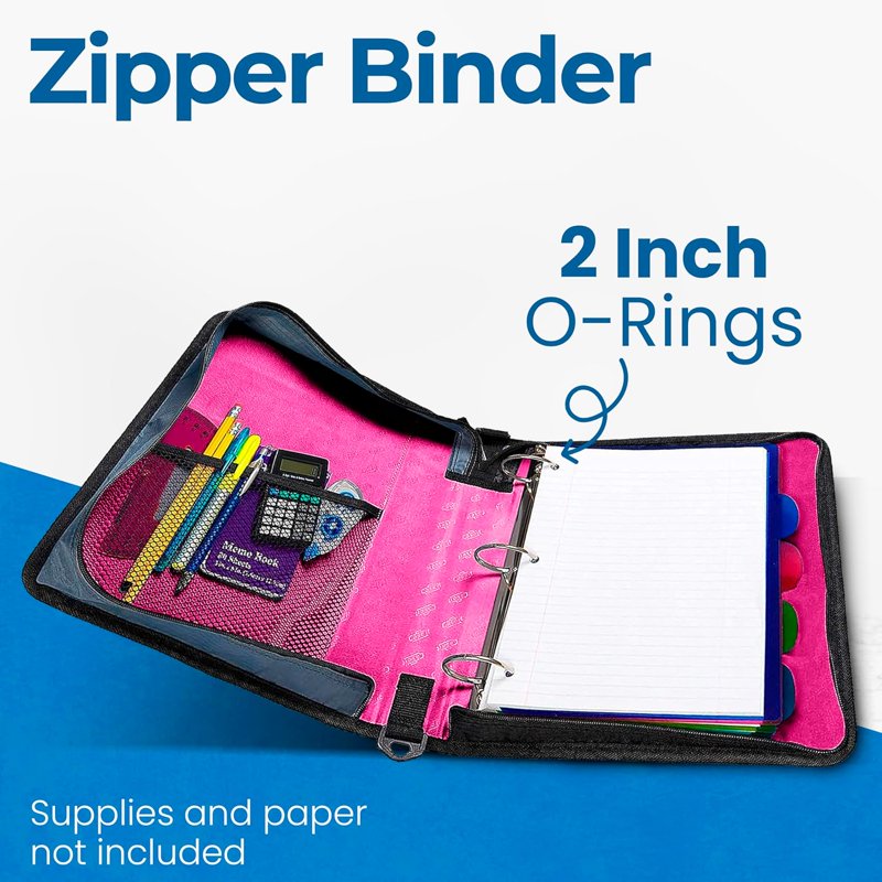 Zipper Binder with 2-Inch O-Rings, Multiple Pockets, Shoulder Strap