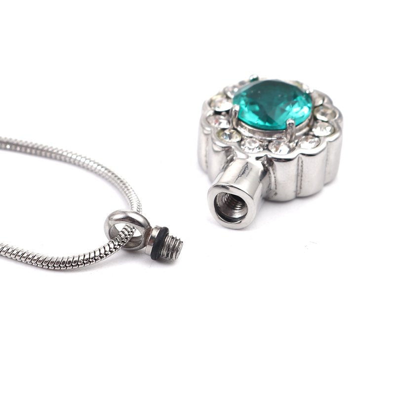 Green Crystal Rhinestone Flower Cremation Necklace Memorial Jewelry Keepsake Pendant