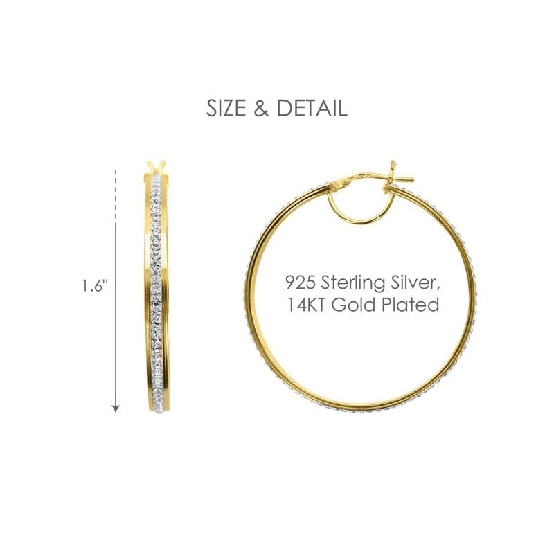 14K Gold Plated Sterling Silver Hoop Earrings with Crystals - Large Classic Round Design for Adults