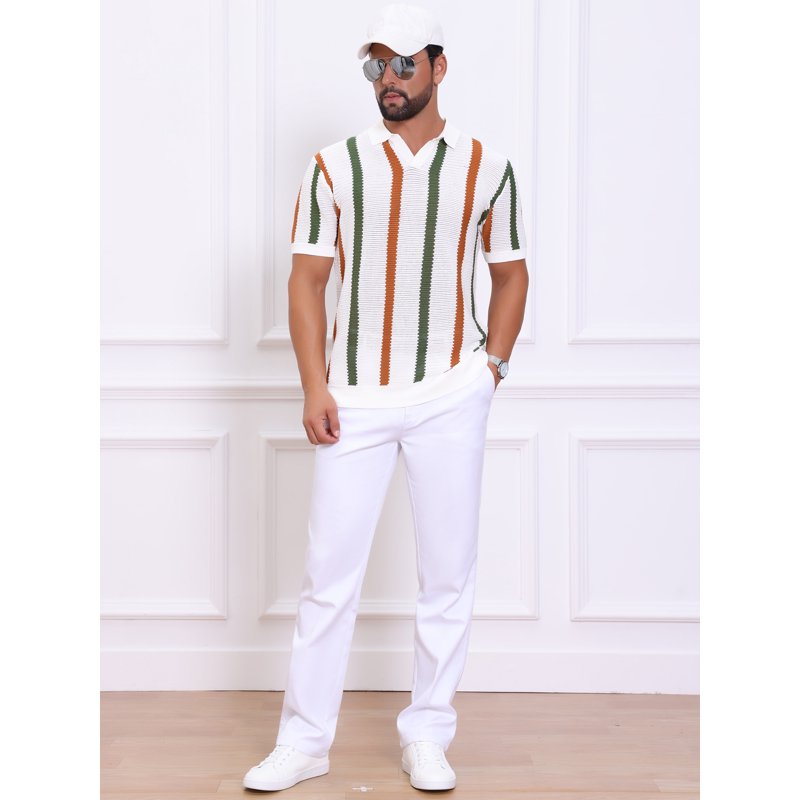 Daring Diva White Hollow Knit V-Neck Polo Shirt - M