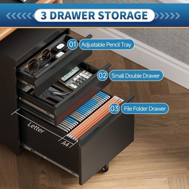 Locking 3-Drawer Metal File Cabinet on Wheels for Office & Home Storage