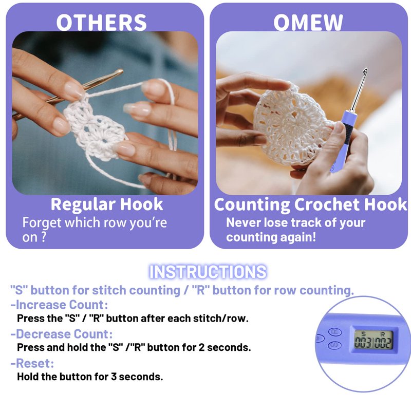 Digital Crochet Hook Set with LED Light and Stitch Counter - Multiple Sizes