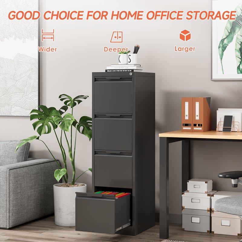 Metal File Cabinet with Lock, 4 Drawers for Home Office, Black, Fits Letter A4 Legal Files