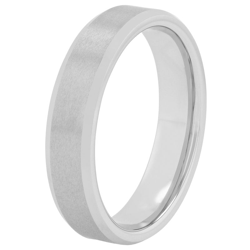 Men's Tungsten Wedding Band 5mm Beveled Comfort Fit Silver Tone Ring