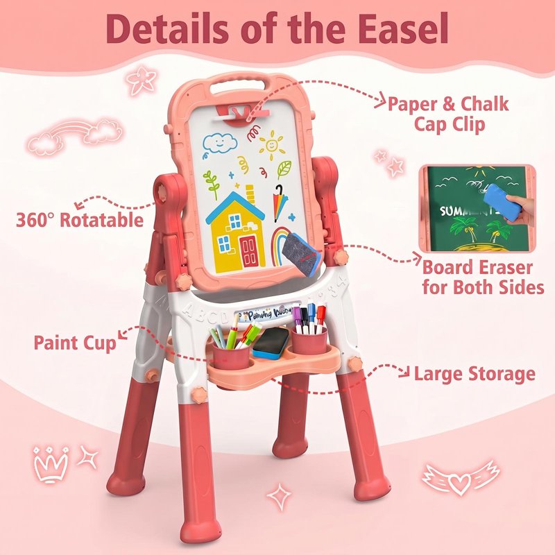 Kids Art Easel with Adjustable Height & 360° Rotation - Double Sided Drawing Board with Accessories, Pink