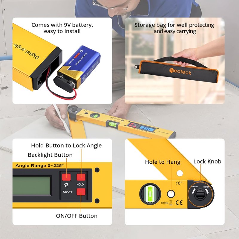 Digital Angle Finder 16 Inch Aluminum Protractor with LCD Backlight for Woodworking and Construction