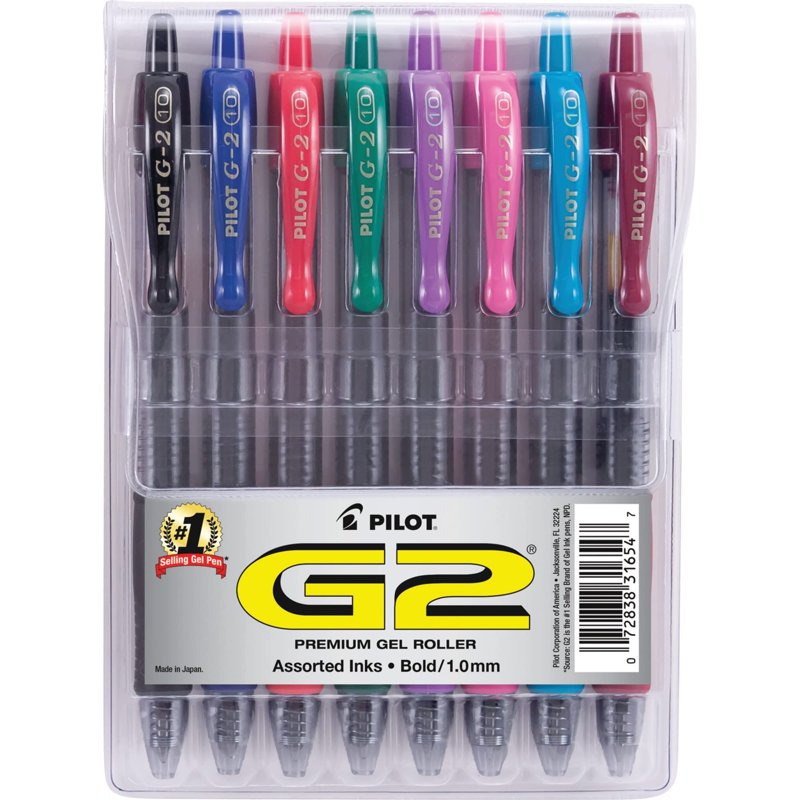 Gel Pens, Pilot G2 Premium Retractable, Bold 1.0 mm, 8 Pack Assorted Ink