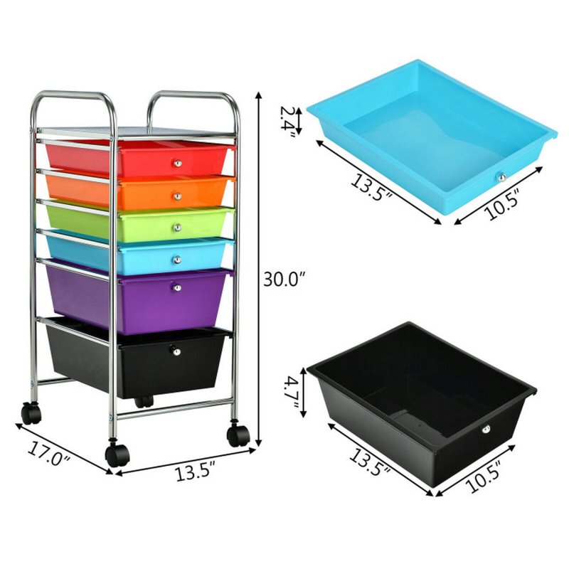 Multicolor 6-Drawer Rolling File Storage Organizer with Casters