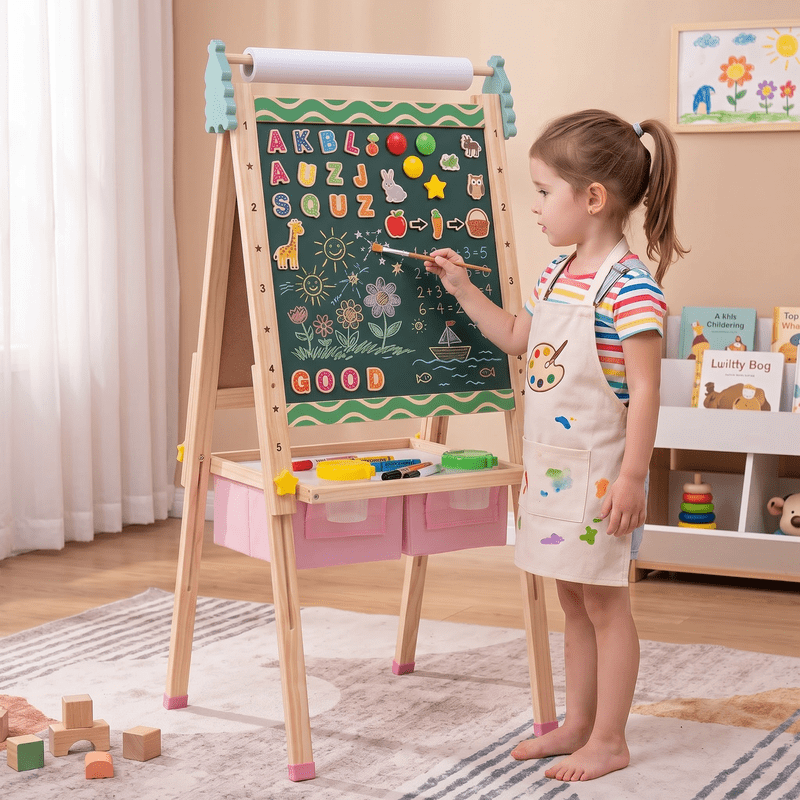 Kids Art Easel with Magnetic Whiteboard Chalkboard & Paper Roll - Adjustable 3-in-1 Wooden Drawing Stand for Toddlers