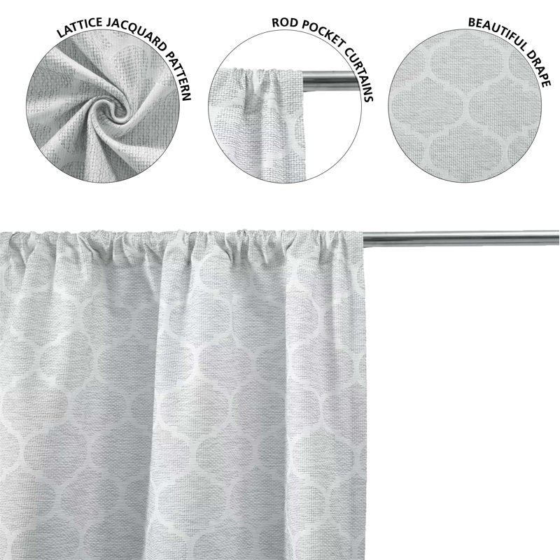 Jacquard Blackout Curtain Panel Pair - Grey Lattice, Room Darkening Drapes