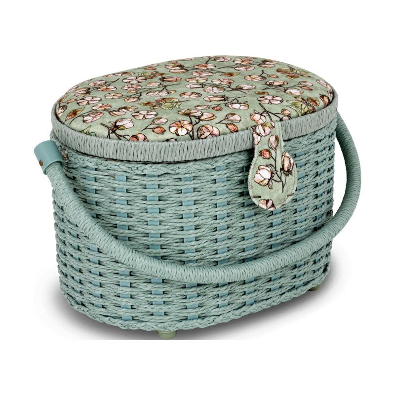 Small Oval Sewing Basket with Pincushion and Removable Organizer - Green Floral