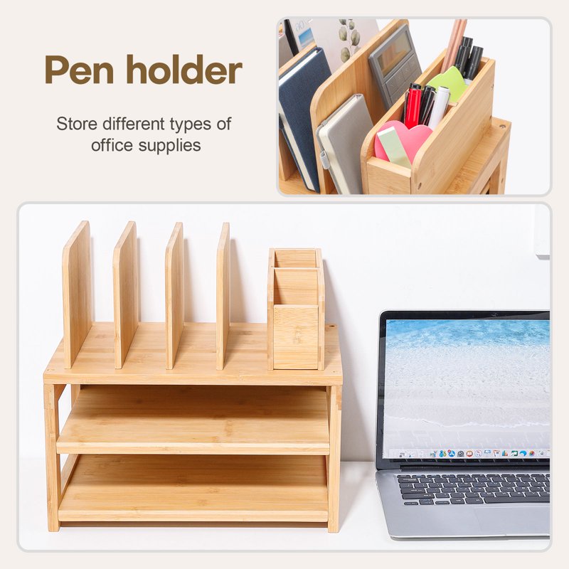 Bamboo Desk Organizer with File Holder & Adjustable Pen Slots – 3-Tier Office Storage