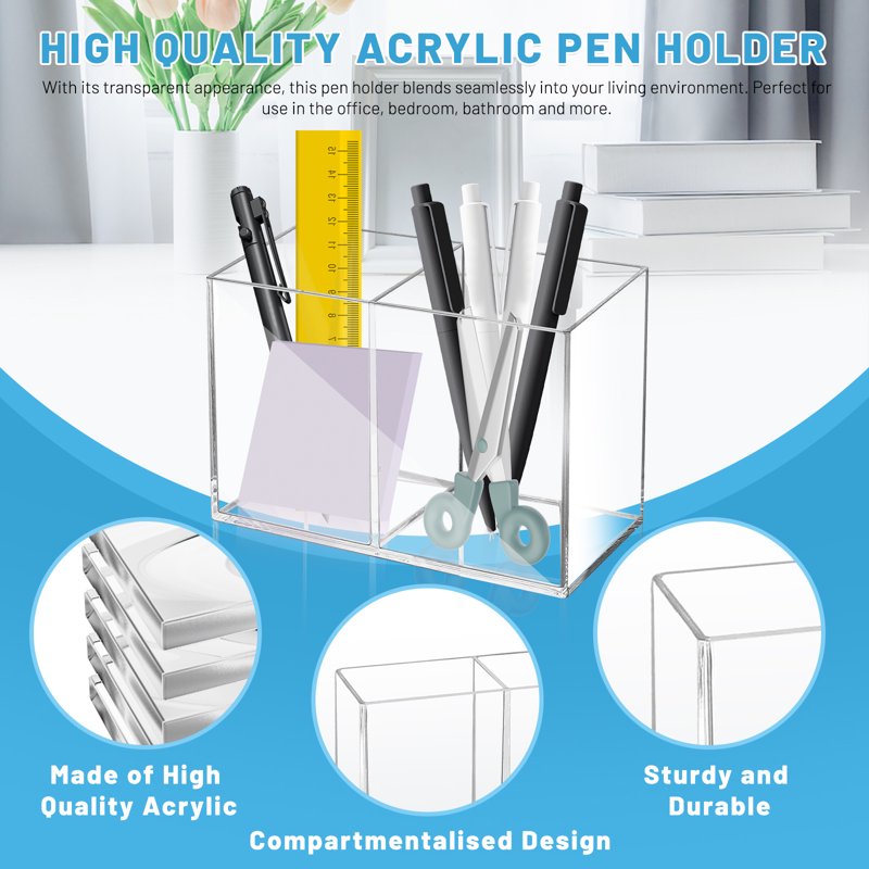 Clear Acrylic Pen & Makeup Brush Organizer with Multiple Compartments for Desk and Home