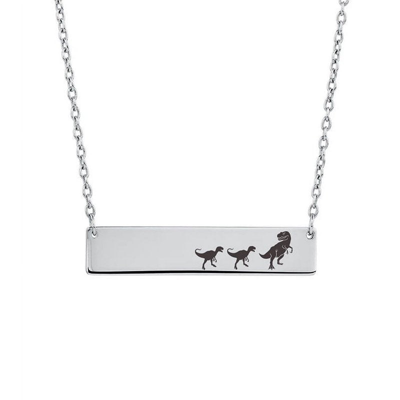 Personalized Dinosaur Family Necklace - Engravable Mama & Baby Bar Necklace - Silver, Rose Gold, Gold