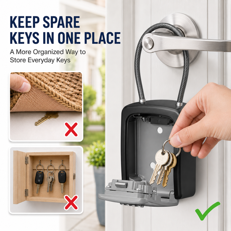 Portable 4-Digit Combination Key Lock Box with Removable Cable, Wall Mount & Hanging Options
