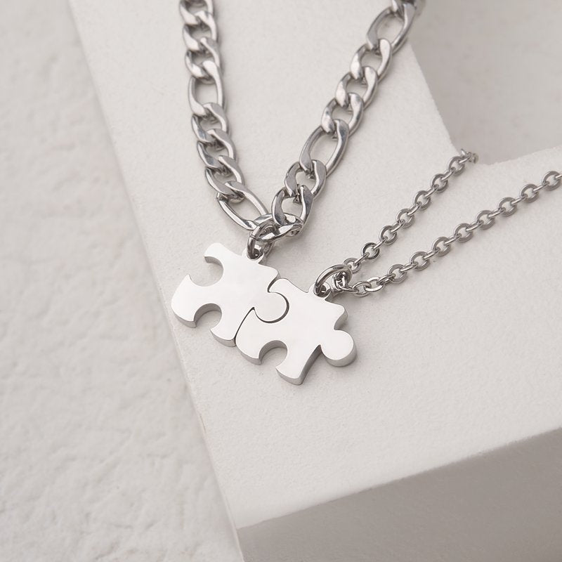 Tiny Puzzle Piece Couple Necklace Set - Anniversary Gift for Boyfriend & Best Friends - Stainless Steel Jewelry with Gift Box