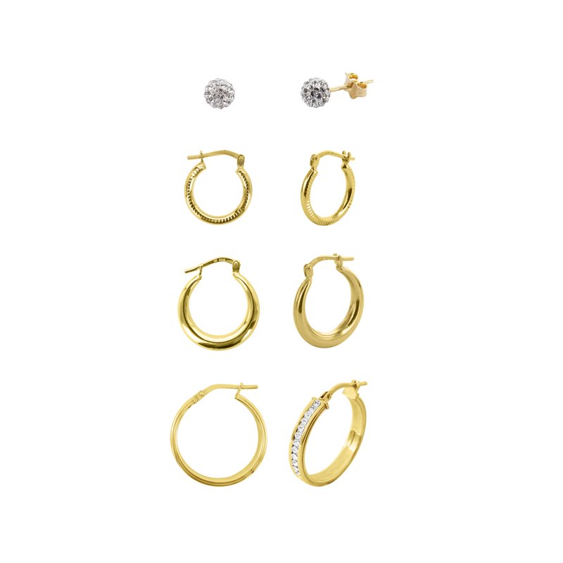 Sterling Silver Gold Plated Crystal Stud and Hoop Earring Set – 4 Pairs for Adults