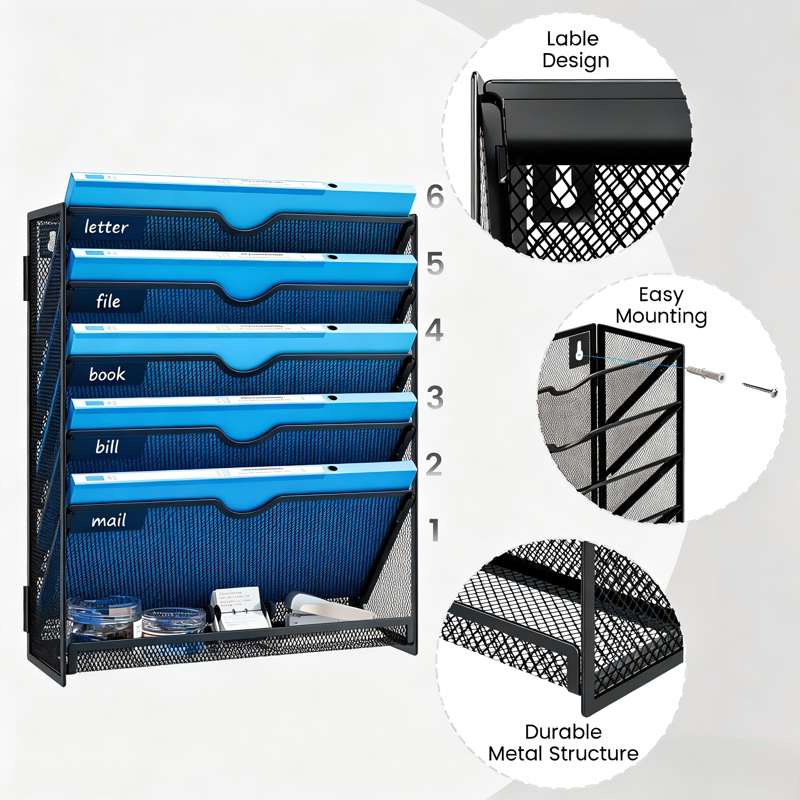 6-Tier Wall File Organizer with Hooks - Metal Hanging Magazine Holder for Office & Home