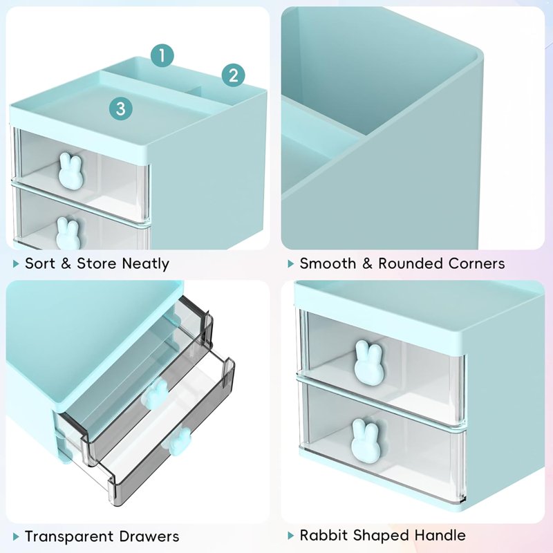 Multi-Functional Desk Organizer with 2 Drawers and Compartments - Blue, Pink, White